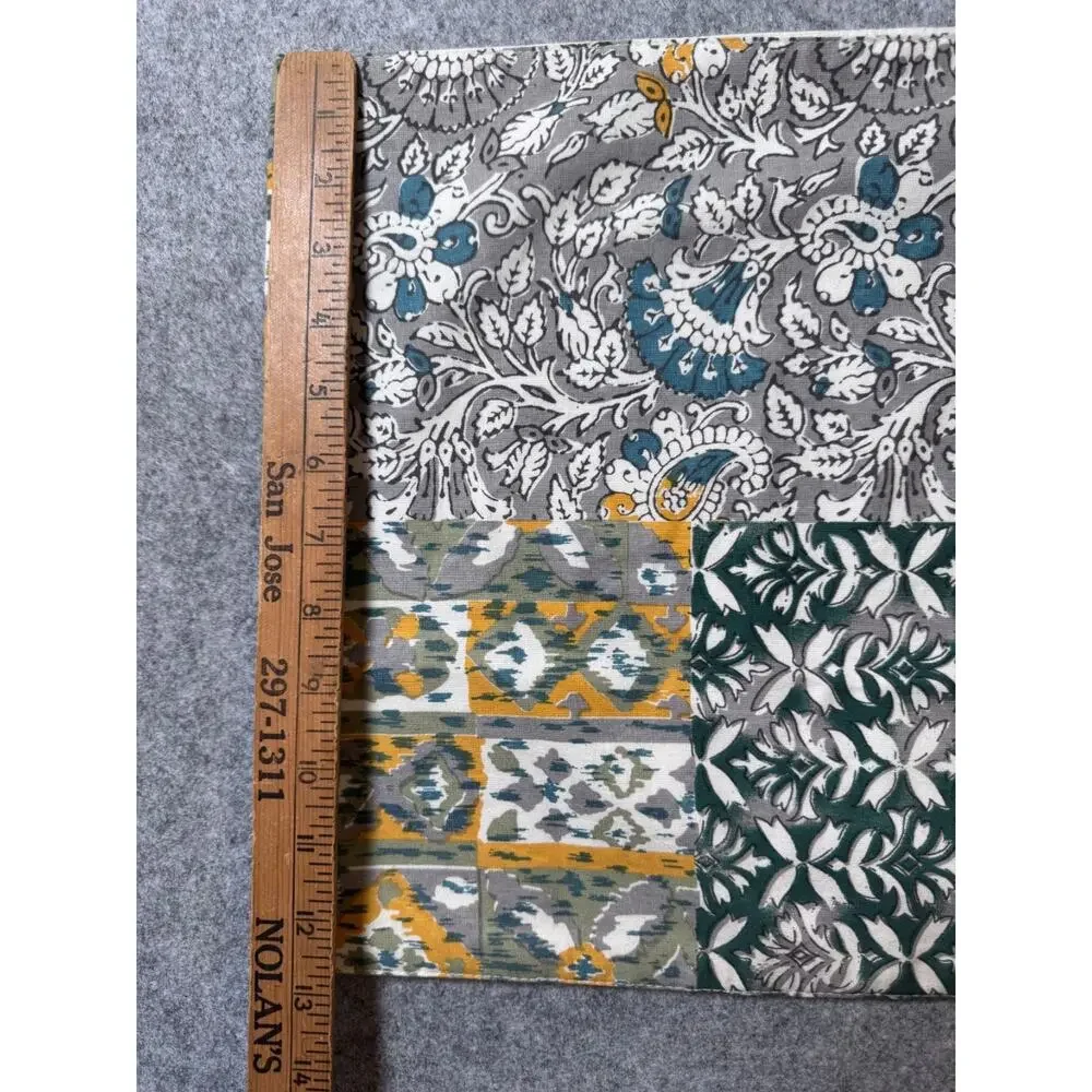 Patchwork Boho Table Runner 12.5x72 Green Gray Mustard Floral Cotton